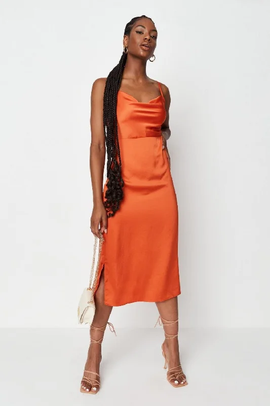 Midi dresses for warm dinners -Orange Cowl Neck Dress Up Midi Dress