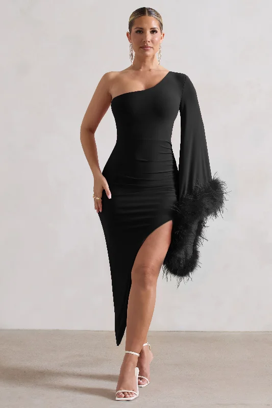 Midi dresses for tropical vacations -July | Black Asymmetric One Shoulder Cape Midi Dress With Feathers