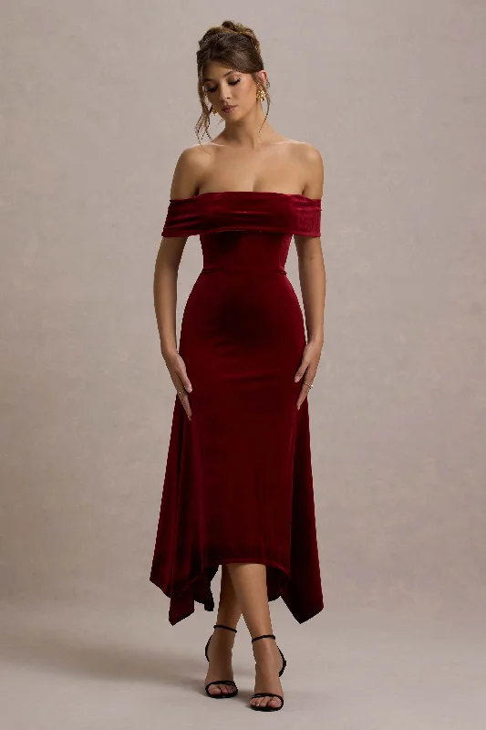 Midi dresses for jazz events -Halia | Berry Velvet Bardot Midi Dress