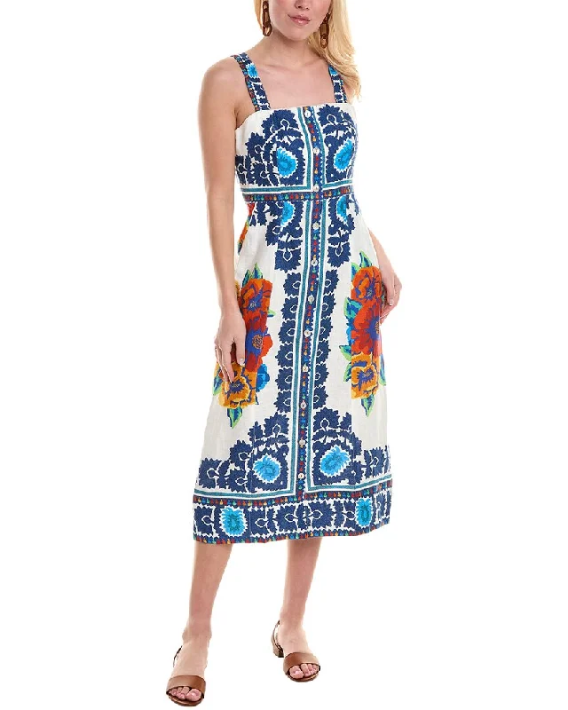 Midi dresses with flared style -FARM Rio Flower Tapestry Button Front Linen Midi Dress