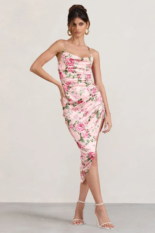 Midi dresses for night lunches -Risk It All | Blush Pink Floral Print Satin Cowl Asymmetric Midi Dress