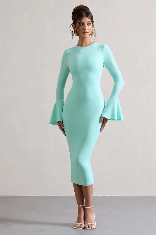 Midi dresses for club outings -Rhyanne | Mint Bodycon Flared-Sleeve Midi Dress