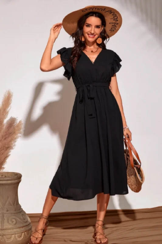 Midi dresses for tropical parties -V Neck Ruffle Sleeve Flare Midi Dress