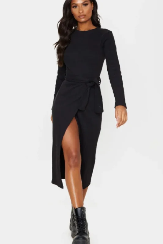 Midi dresses for beach outings -Round Full Sleeves Black Midi Dress