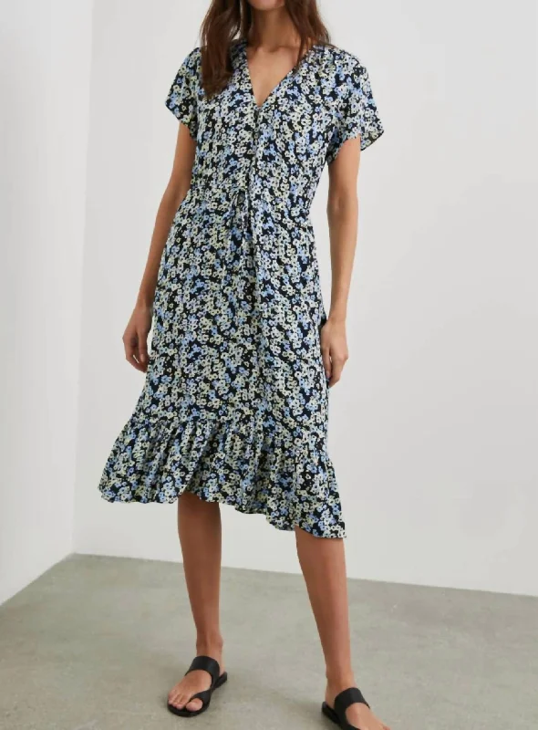 Midi dresses with side tie -Kiki Midi Dress In Midnight Meadow Floral