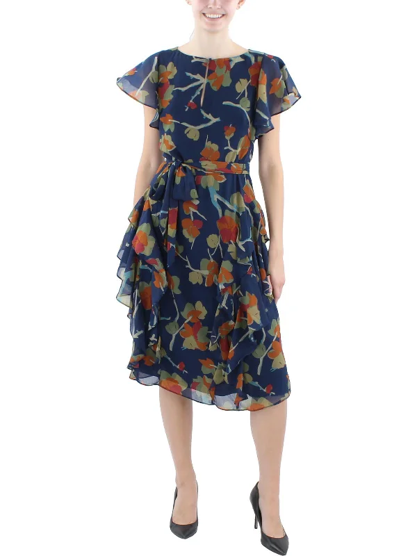 Midi dresses in organza fabric -Womens Floral Print Chiffon Midi Dress