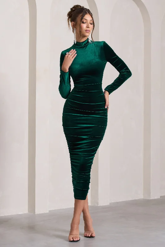 Midi dresses with mirror work -Joanna | Bottle Green Velvet High-Neck Backless Midi Dress