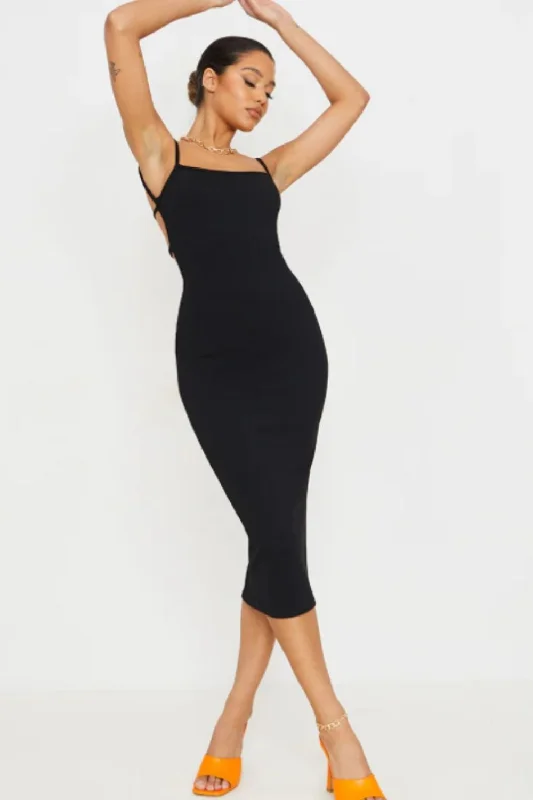 Midi dresses in plus sizes -Black Midi Bodycon Dress