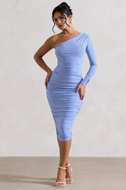 Midi dresses in jersey fabric -In The Shadows | Coastline Blue One Sleeve Midi Dress With Ruching