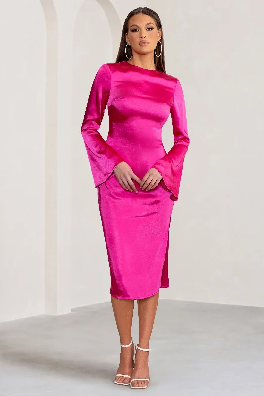 Midi dresses for travel wear -Zaina | Hot Pink Long Sleeve Midi Dress with High Neckline