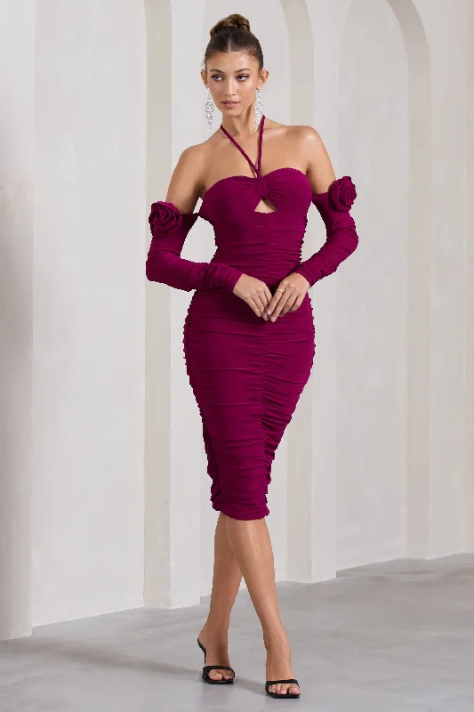 Midi dresses for pop shows -Extra Special | Dark Cherry Ruched Halter-Neck Midi Dress With Flowers