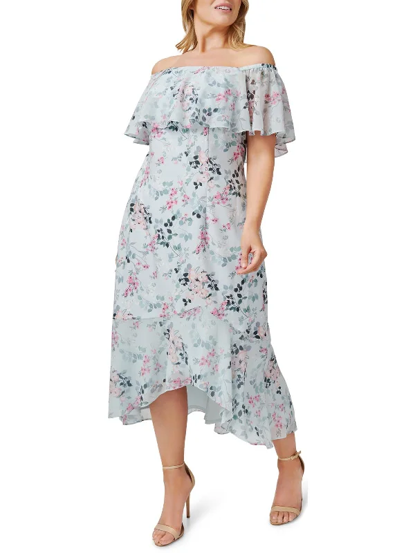 Midi dresses in rayon fabric -Plus Womens Floral Printed Calf Midi Dress