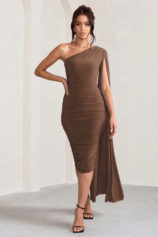 Midi dresses for casual outings -Yara | Chocolate Brown One Shoulder Cape Ruched Midi Dress