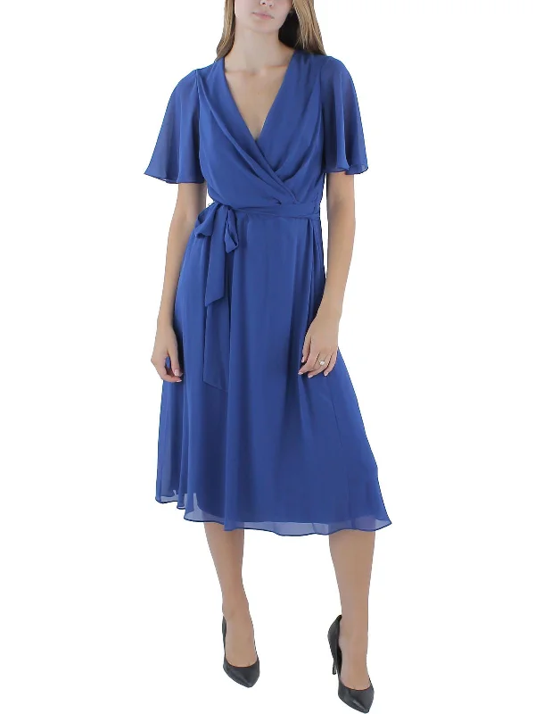 Midi dresses with side zipper tie -Womens Midi Gathered Wrap Dress