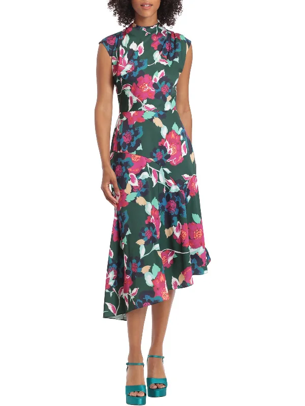 Midi dresses for club outings -Womens Floral Asymmetric Midi Dress