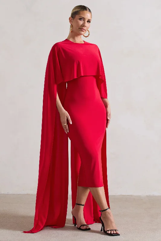 Midi dresses for club shows -Camellia | Red Midi Dress With High-Low Cape