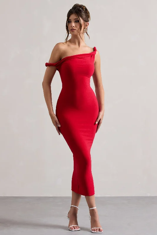 Midi dresses for park picnics -Salome | Red Twisted Asymmetric Midi Dress