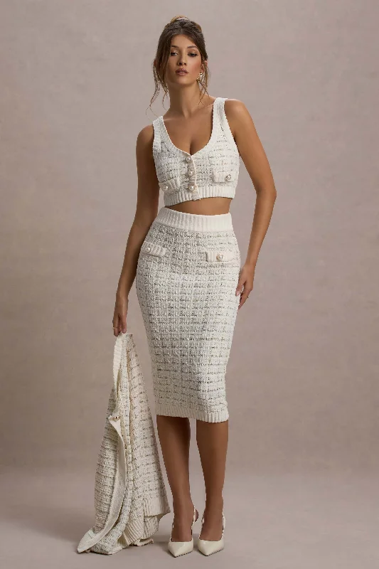 Midi dresses for dance events -Stellina | Cream Boucle High-Waist Bodycon Midi Skirt