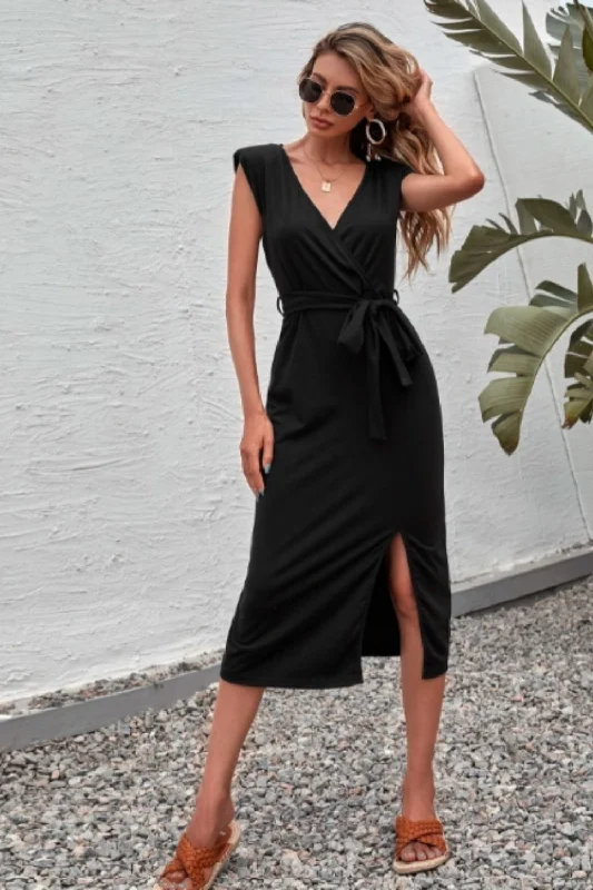 Midi dresses with side tie -Tie Waist Plunge Neck Split Thigh Midi Dress