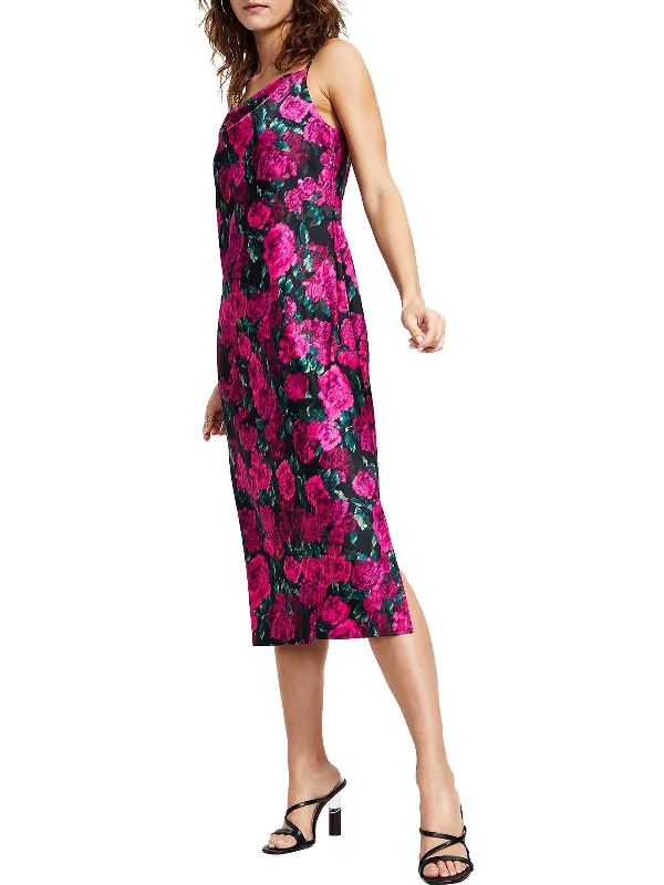 Midi dresses in velvet trim -Womens Floral Midi Slip Dress