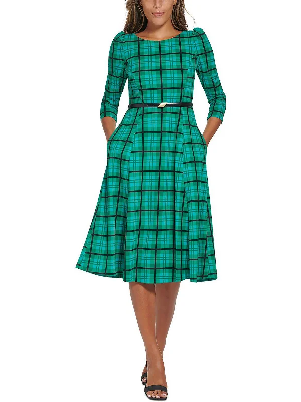 Midi dresses for red carpet -Womens Plaid Midi Wear to Work Dress