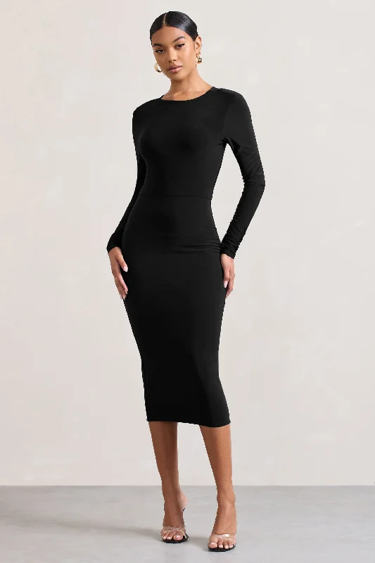 Midi dresses for casual brunches -Dynasty Darling | Black Cowl-Back Long-Sleeved Bodycon Midi Dress