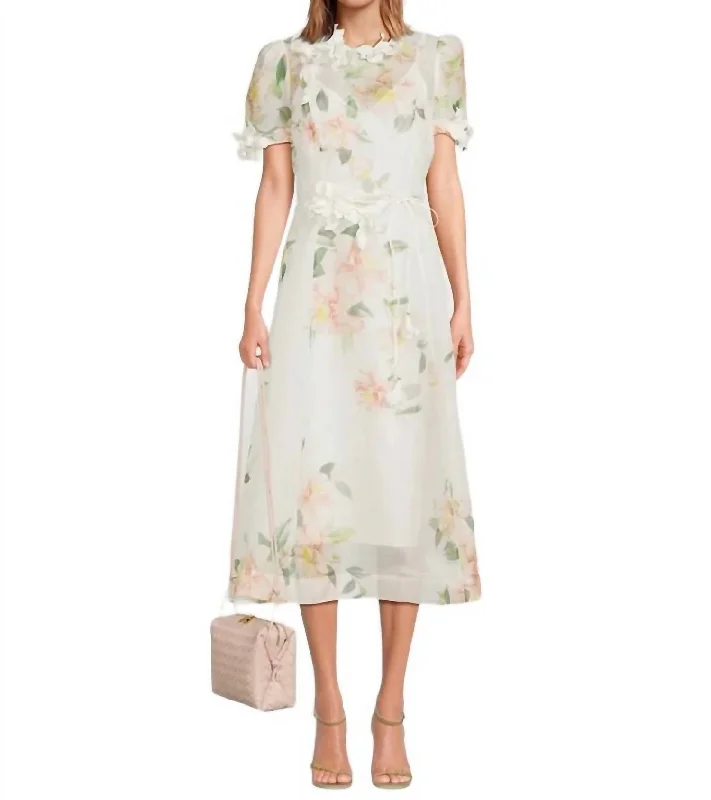 Midi dresses with fringe overlay -Natura Liftoff Flower Midi Dress In Ivory Camelia