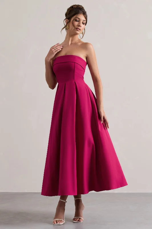 Midi dresses with scoop neck -Annalise | Hot Pink Bandeau Skater Midi Dress