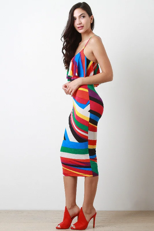 Midi dresses for beach dinners -Colorful Stripe Tiered Midi Dress