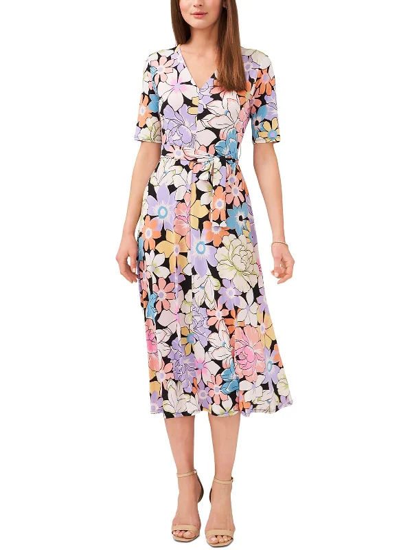 Midi dresses with ruffled collar -Petites Womens Floral Print Polyester Midi Dress