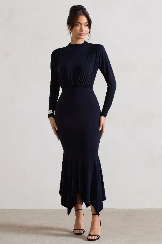 Midi dresses with tall collar -Carla | Navy High-Neck Midi Dress With Draped Hem