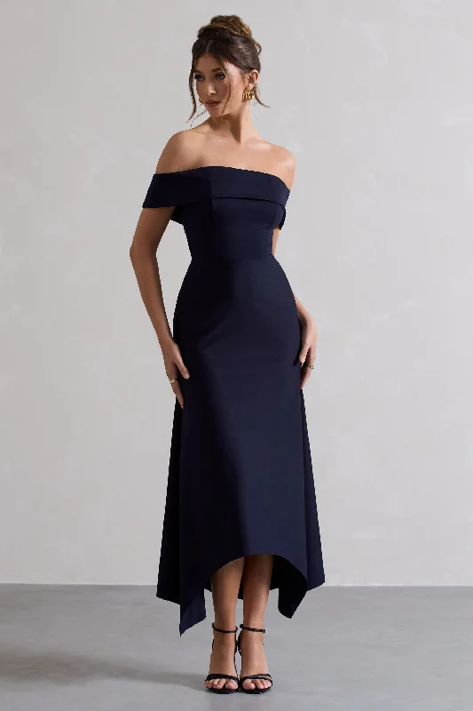 Midi dresses for music outings -Windsor | Navy Bardot Midi Dress