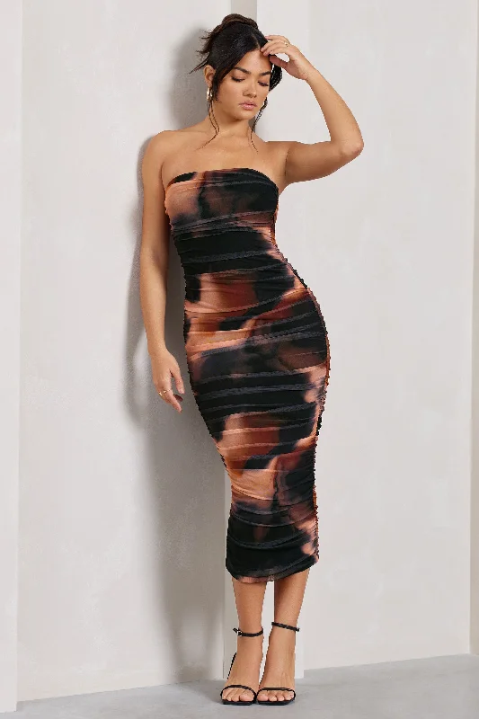 Midi dresses with stud insert -My Girl | Orange Smoke Print Strapless Bodycon Ruched Mesh Midi Dress