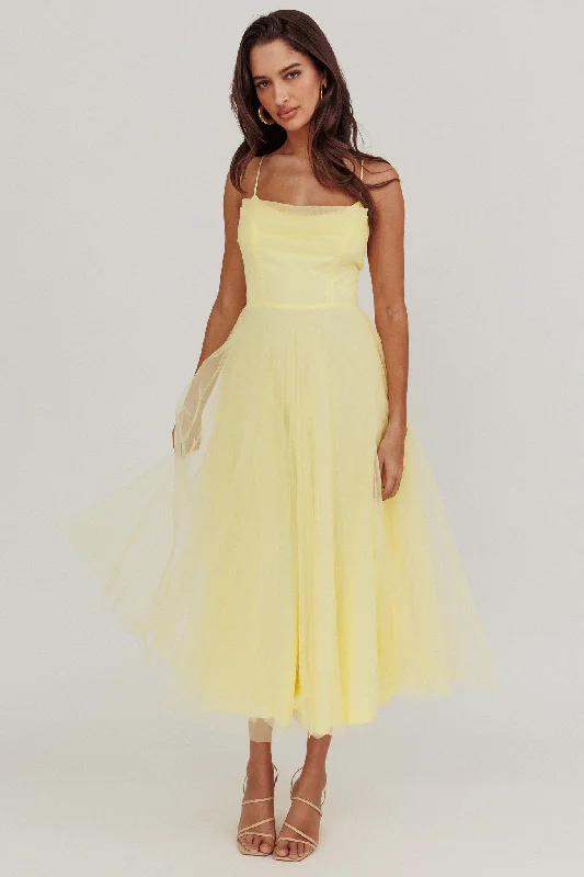 Midi dresses with wraparound style -Floating By Pleated Neckline Mesh Midi Dress Yellow