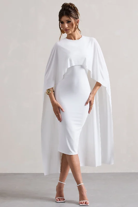 Midi dresses with high-low hem -Vana | White Draped Midi Dress With Cape Sleeves