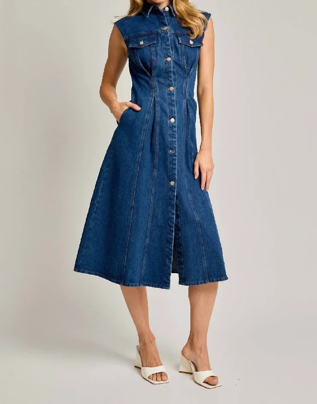 Midi dresses for lunch dates -Ky Denim Sleeveless Midi Dress In Medium Wash