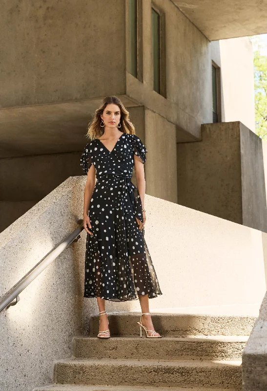 Midi dresses with narrow collar -V-neck Polka Dot Midi Dress