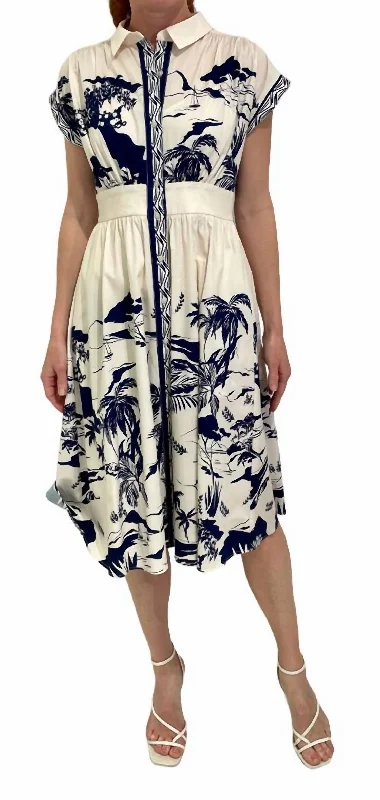 Designer midi dresses sale -Belted Embroidered Midi Dress In Cream Navy