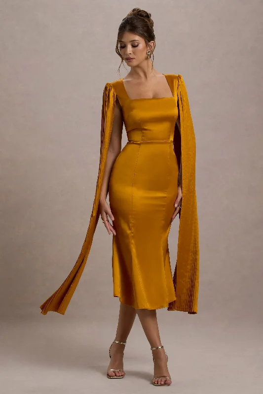 Midi dresses for summer nights -Nalda | Mustard Square-Neck Midi Dress With Cape Sleeves