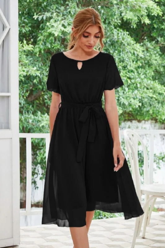 Midi dresses for charity events -Key Hole Waist Tie Flare Midi Dress