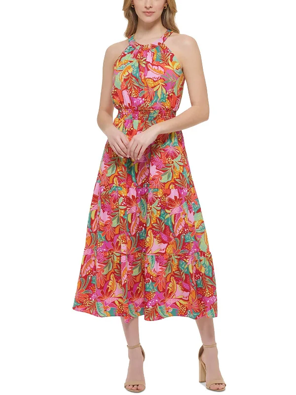 Midi dresses for music gigs -Womens Floral Halter Midi Dress