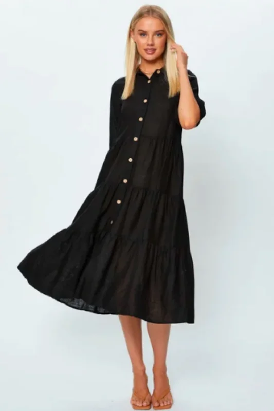 Midi dresses for sunset drinks -Button Down Ruffle Flare Midi Dress