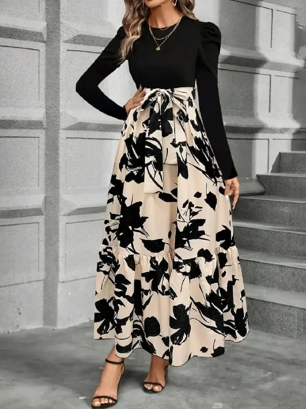 Midi dresses for art galleries -Tied Printed Round Neck Long Sleeve Midi Dress