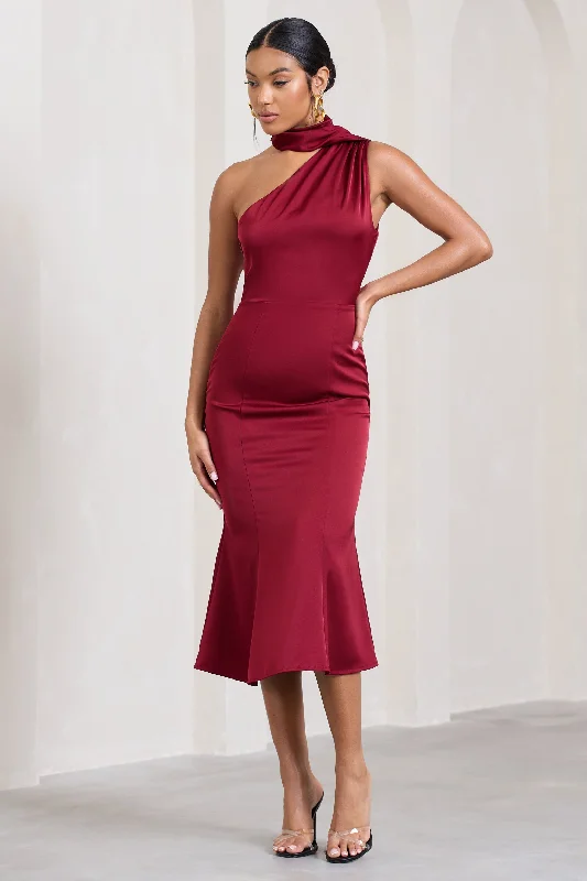 Midi dresses for casual nights -Golden Girl | Burgundy Satin One Shoulder High-Neck Flared Midi Dress