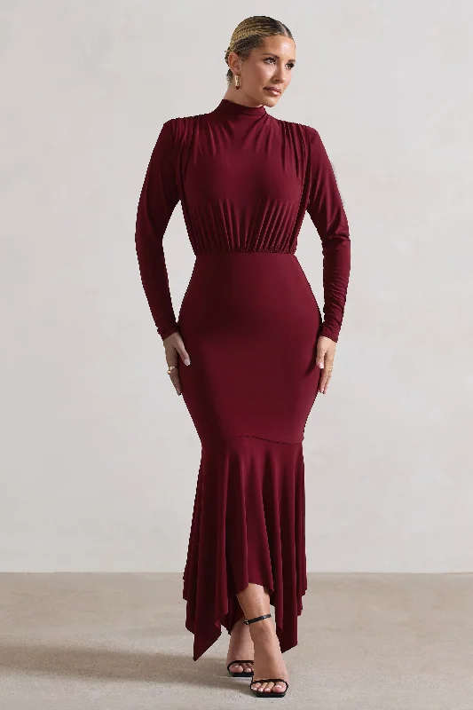 Midi dresses in dull fabric -Carla | Berry High-Neck Midi Dress With Draped Hem