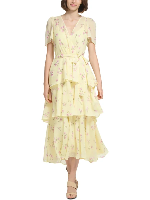 Midi dresses with spread collar -Womens Chiffon Tiered Midi Dress