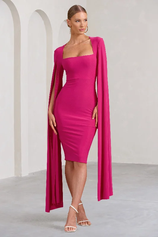 Midi dresses for casual Fridays -Flawless | Hot Pink Square Neck Midi Dress With Cape Sleeves