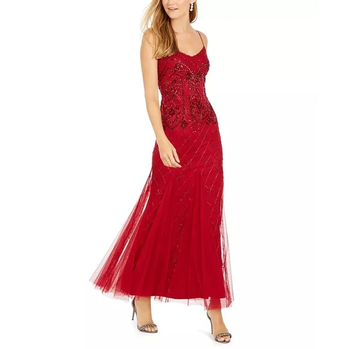 casual blush evening dress -Adrianna Papell Women's Beaded Gown Wine Size 2