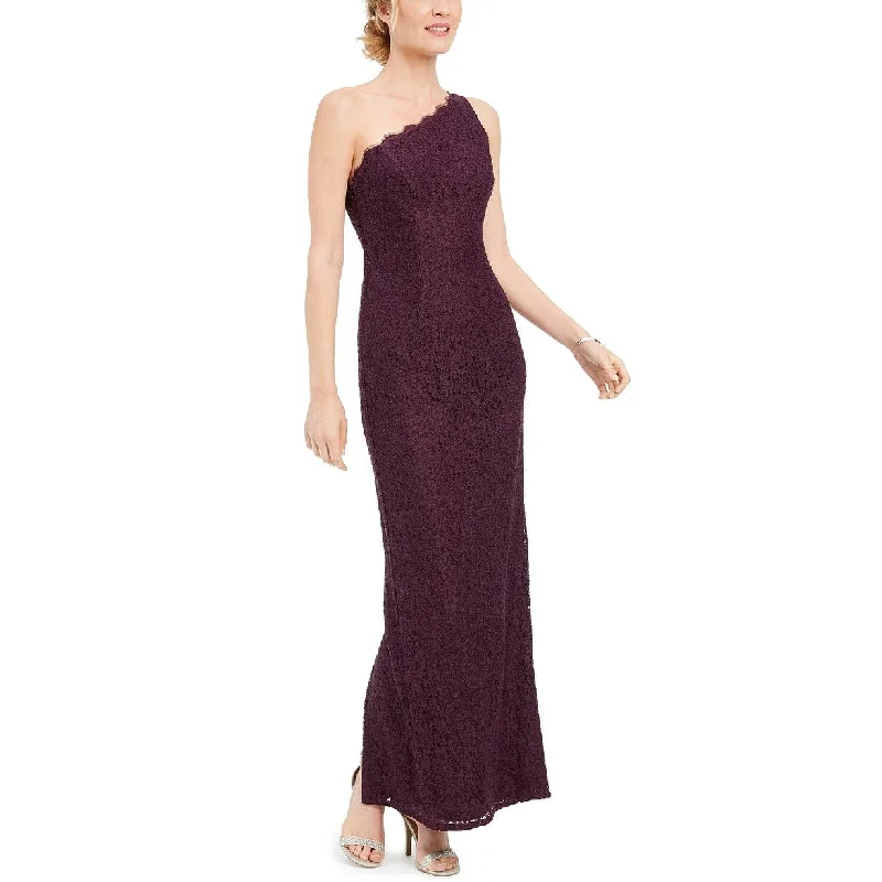 casual red evening dress -Adrianna Papell Women's One-Shoulder Lace Gown Dark Purple Size 2