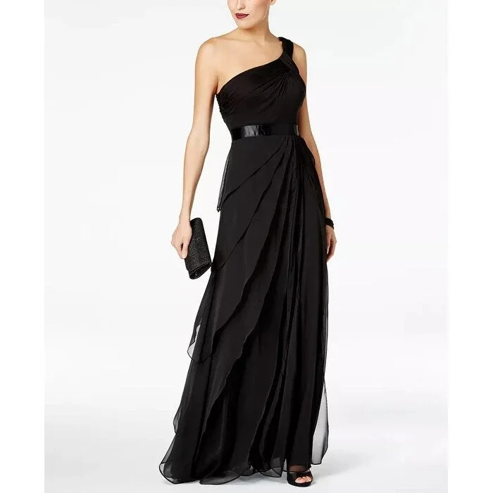 green gala evening dress -Adrianna Papell Women's One-Shoulder Tiered Chiffon Gown Black Size 4